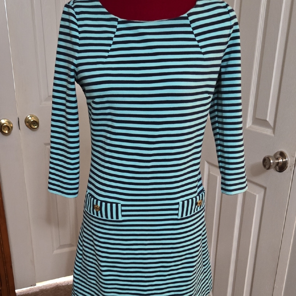 Lilly Pulitzer Teal and Black Striped Long Sleeve Dress